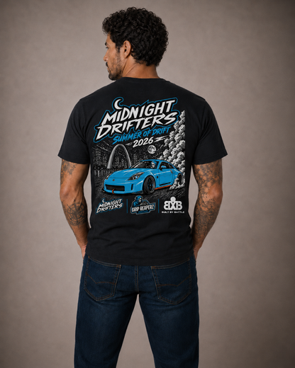 Person wearing a black t-shirt with 'Midnight Drifters' graphic design on the back.